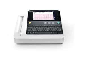 Digital electrocardiograph machine with keyboard and display screen showing ECG waveforms