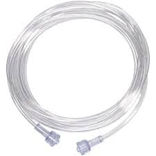 Clear plastic medical tubing coiled in a circle with two purple connectors at the ends