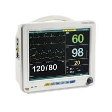 Portable patient monitor displaying vital signs including blood pressure 120/80, heart rate 60, oxygen saturation 98%, and respiratory rate 20