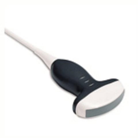 Medical ultrasound probe with black grip and white conical transducer head on white background