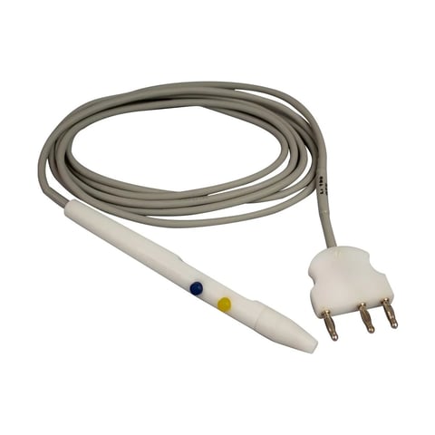 Coiled gray electrical power cord with white connector plug and handheld probe device with blue and yellow indicator buttons
