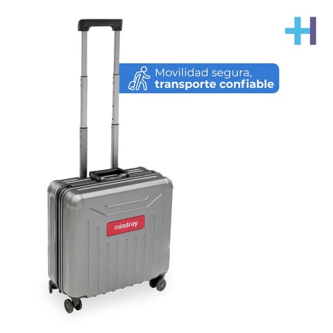 Gray hard-shell carry-on suitcase with retractable handle and wheels, labeled for safe mobility and reliable transport