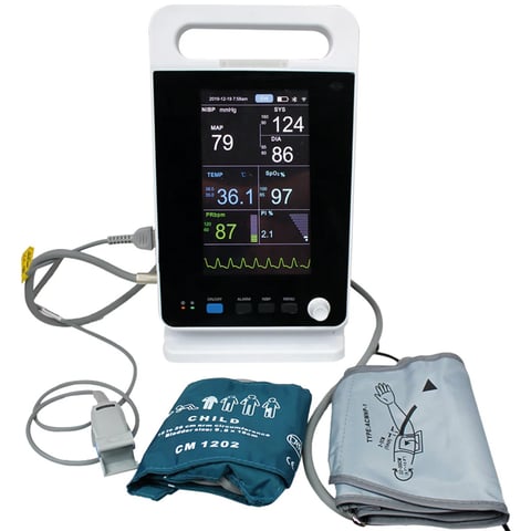 Portable patient monitor with touchscreen display showing vital signs, connected to blood pressure cuffs and pulse oximetry sensor cables