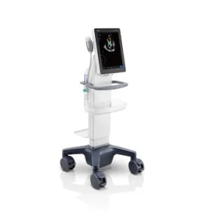 Medical ultrasound machine on wheeled stand with display monitor showing diagnostic imaging screen