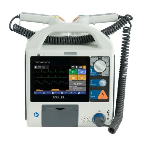 Schiller medical defibrillator device with display screen, controls, and attached electrode paddles with coiled cables