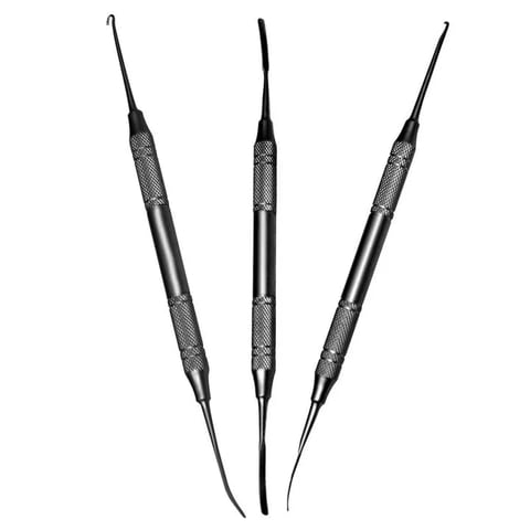 Three black dental instruments with curved tips and textured metal handles arranged vertically against a white background
