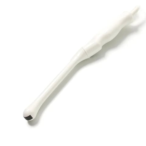 White dental or surgical instrument with pointed tip and ergonomic handle against white background