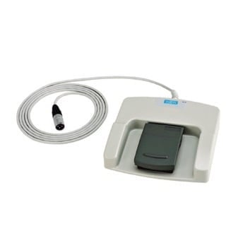 Foot pedal control device with coiled cable and XLR connector for hands-free operation