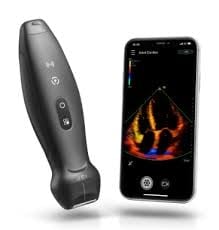 Black handheld device next to smartphone displaying thermal imaging visualization with orange and blue heat patterns