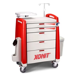 Red and white medical cart with multiple drawers, handles, wheels, and IV stand attachment for hospital use