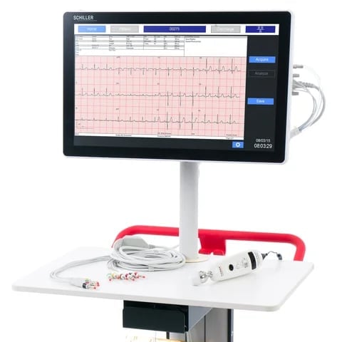 Medical cart with monitor displaying EKG waveforms, heart rate sensor, and white surface tray with red handle