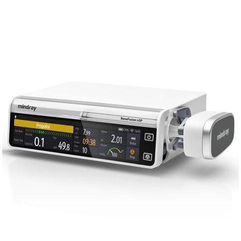 Mindray BeneFusion syringe infusion pump displaying vital parameters and connected pump module