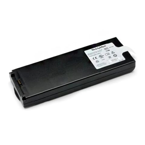 Black rectangular rechargeable battery pack with white label on top showing safety and certification symbols