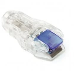 Clear mouse button with blue switch component inside transparent casing