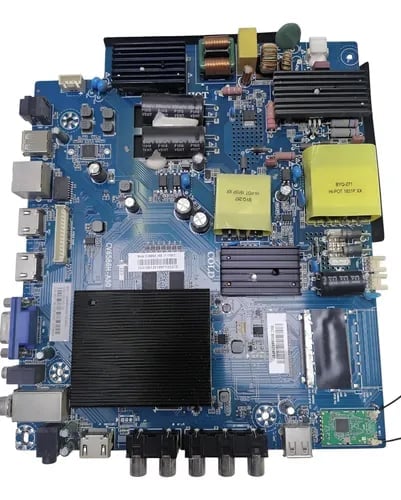 Placa madre de circuito azul con disipadores de calor negros, componentes amarillos y varias partes electrónicas