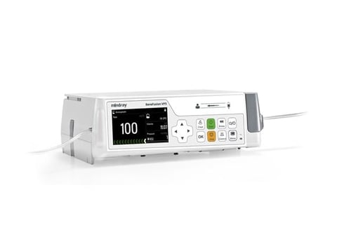 White medical infusion pump with digital display showing 100 and control buttons