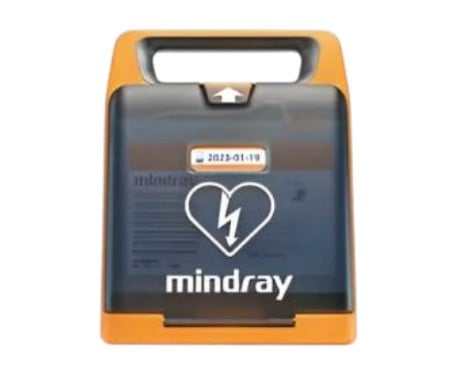 Mindray automated external defibrillator (AED) with orange and black casing and heart logo