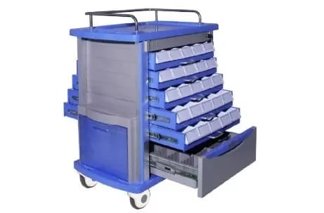 Blue mobile tool storage cart with stacked plastic drawers, handle, and wheels for workshop organization