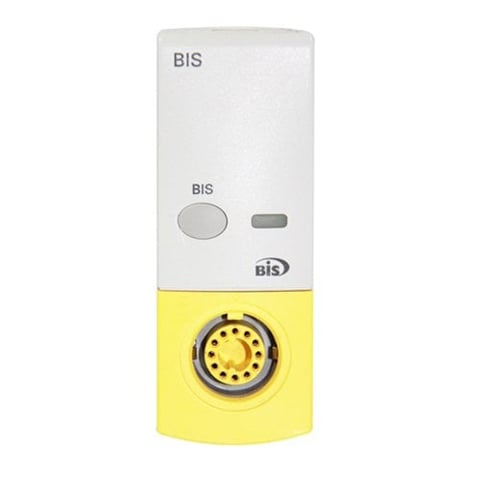 White and yellow BIS automatic soap or sanitizer dispenser with control buttons and circular spray nozzle