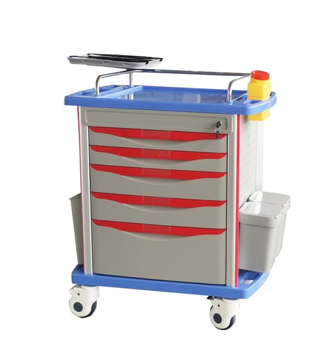Medical supply cart with blue top, red and gray drawers, wheels, and yellow dispenser pump on side