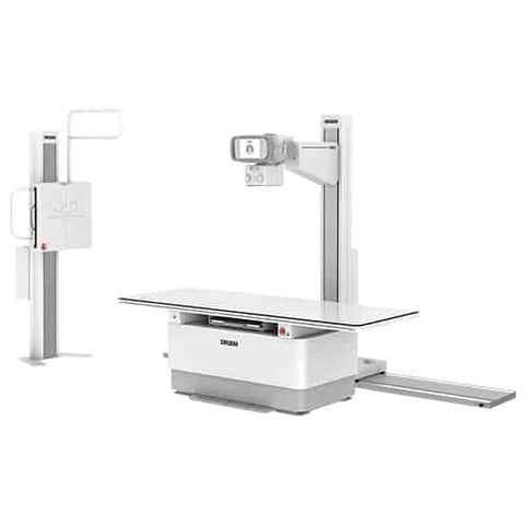 Medical X-ray imaging system with white control panel on left and ceiling-mounted detector arm on right above examination table