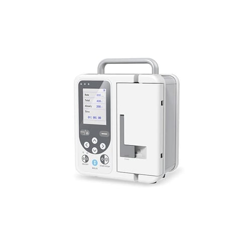 White portable medical infusion pump with digital display screen and control buttons on gray carrying case