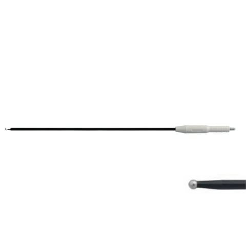 Two medical probes or catheters, one black with gray handle on top and one black with gray tip on bottom