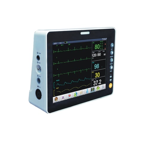 Medical patient monitor displaying vital signs including heart rate, blood pressure, oxygen saturation, and temperature with waveform tracings