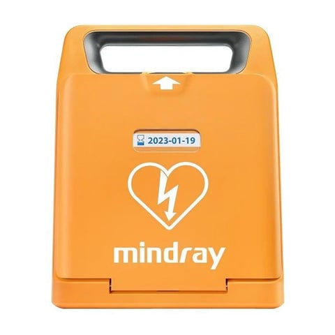 Orange Mindray defibrillator with heart and lightning bolt logo