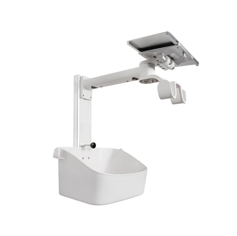 White ceiling-mounted medical equipment with articulating arm, projector head, and white basin below