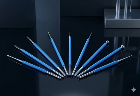 Collection of precision dental and surgical tools with blue handles arranged in a fan pattern on dark background