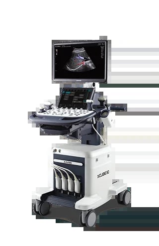 Medical ultrasound machine with monitor displaying ultrasound image and keyboard control panel on mobile cart