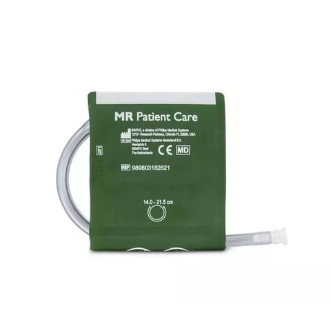 Green MR Patient Care blood pressure cuff with tubing and connector displayed on white background