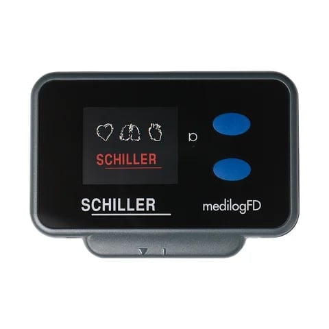 Schiller medilogFD portable cardiac monitor device with small display screen and two blue buttons