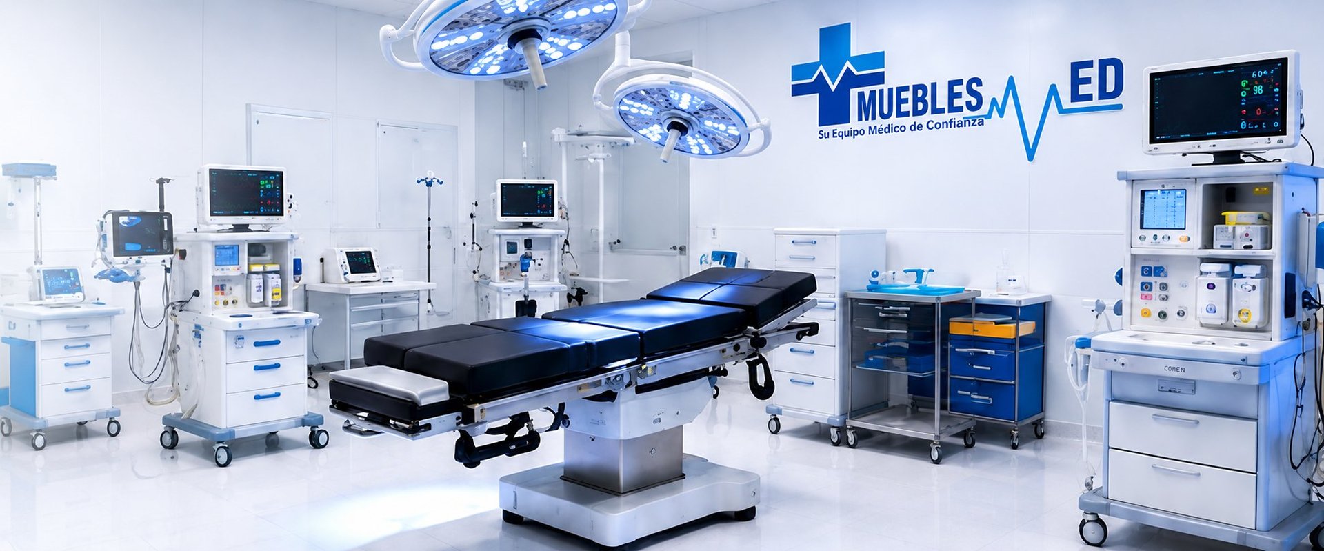 Modern surgical operating room with blue surgical lights, operating table, and medical equipment arranged around white walls with Muebles ED branding