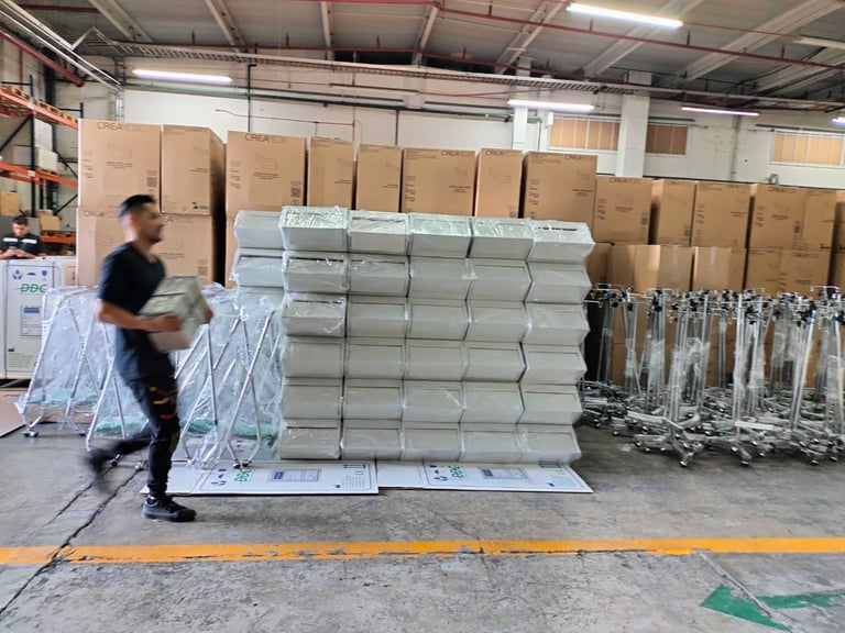 Worker in warehouse pushing stacked white boxes on pallet with cardboard boxes and metal racks in background