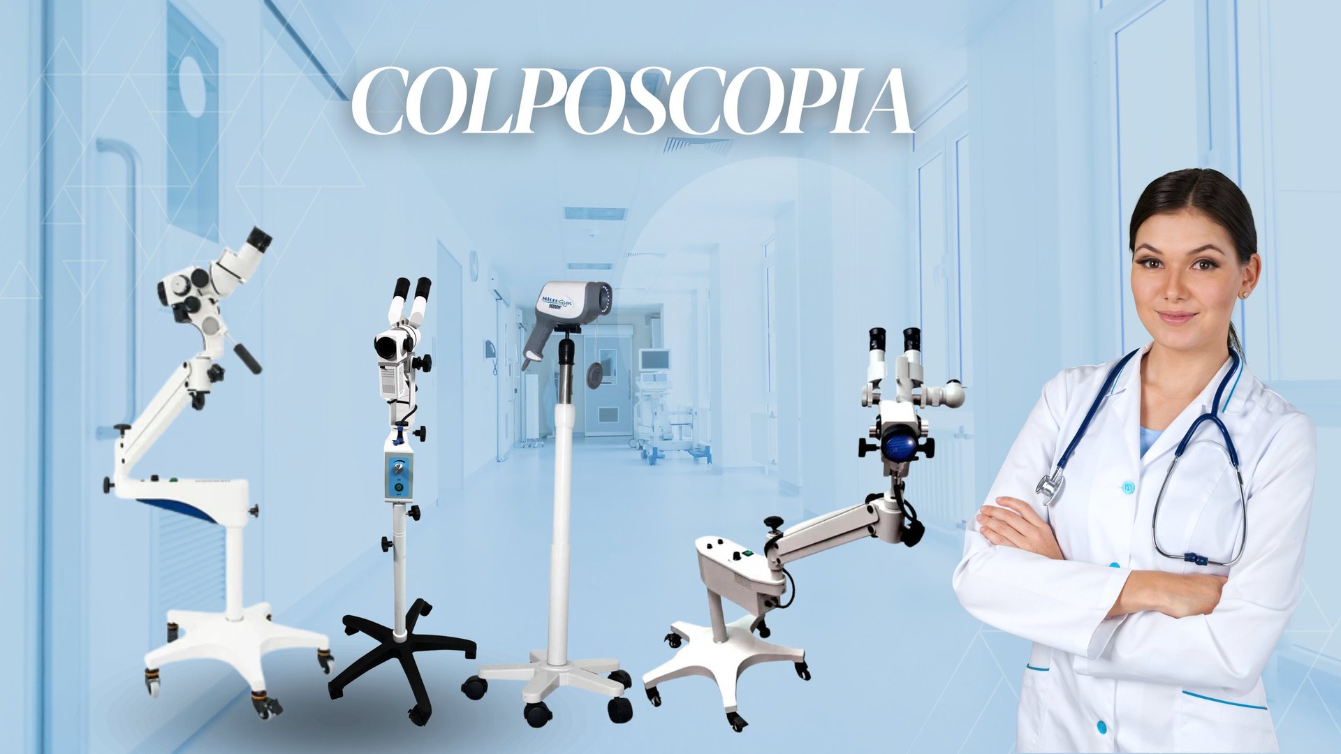 Female doctor in white coat standing beside colposcopy medical equipment on light blue background