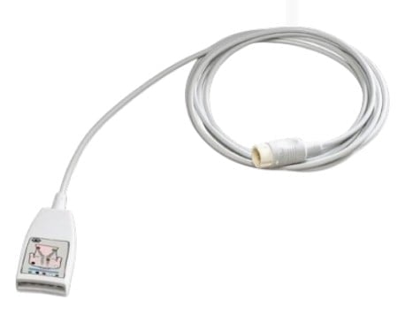 White medical sensor cable with rectangular connector and coiled tubing on white background