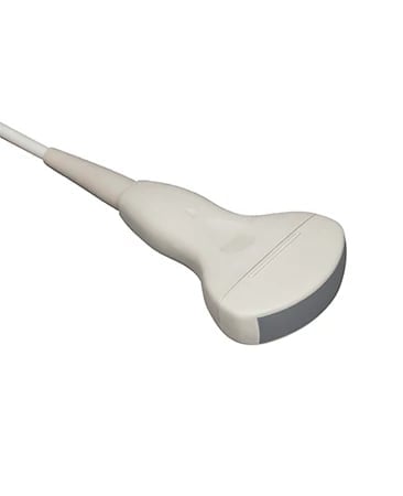 Ultrasound probe transducer with white handle and gray scanning head, angled view on white background