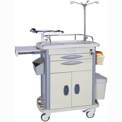 Medical supply cart on wheels with multiple drawers, storage cabinets, IV pole, and various clinical equipment compartments