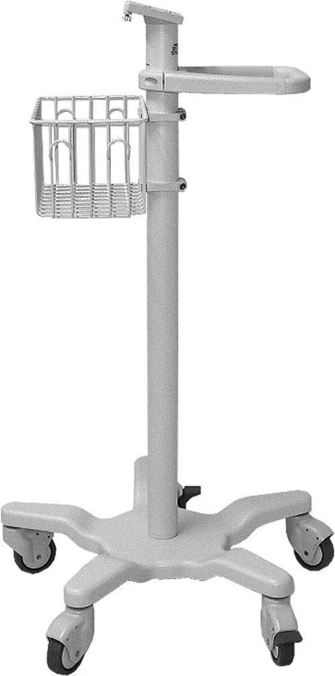 Medical IV stand with basket and four caster wheels on a cross base