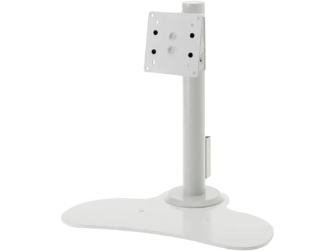 White adjustable monitor stand with mounting bracket and oval base on white background