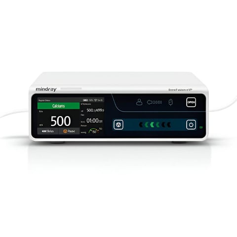 Mindray infusion pump medical device displaying 500 ml volume and 01:00 time on digital screen with control buttons