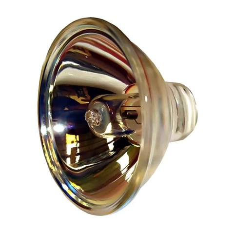 Close-up of a reflective halogen bulb with internal filament and mirror coating visible against white background
