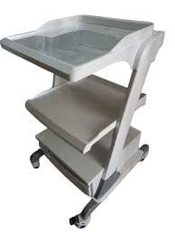 Medical utility cart with three metal shelves on white frame with wheels and locking casters