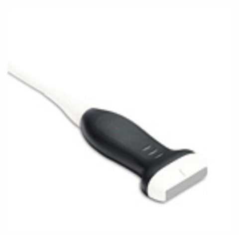 Handheld ultrasound probe with black handle and white transducer head attached to gray cord