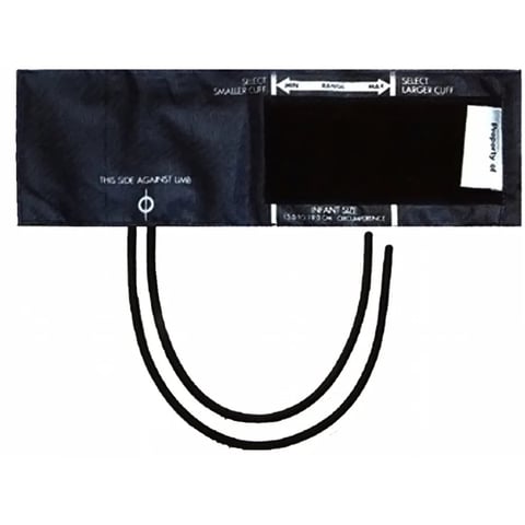 Blood pressure cuff with navy blue inflatable bladder and black tubing showing size markings and instruction labels