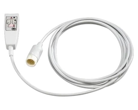 White medical temperature probe with coiled cable and connector attached to small handheld display unit