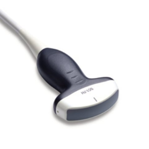 Medical ultrasound probe with black ergonomic handle and white sensor head on a gray cable