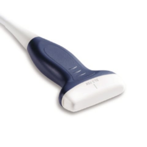 Ice scraper with blue grip handle and white rubber blade on white background